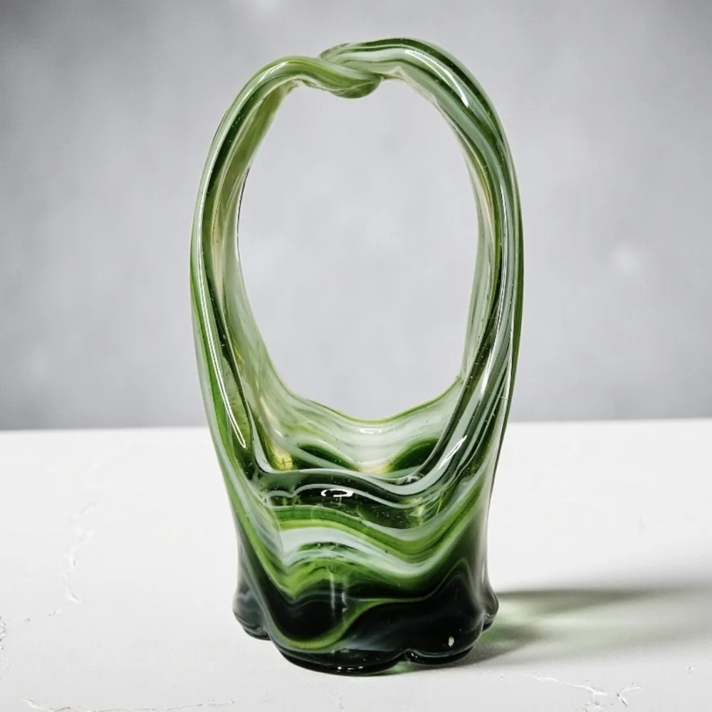 Vintage Hand Blown Stretch Art Glass Basket Vase Green White Swirls 5 1/2 Inches